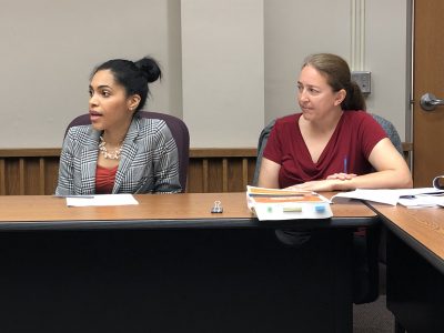 ILCM staff attorneys Joyce Bennett-Sheets and Kathy Klos sitting at a table listening to someone not pictured speak