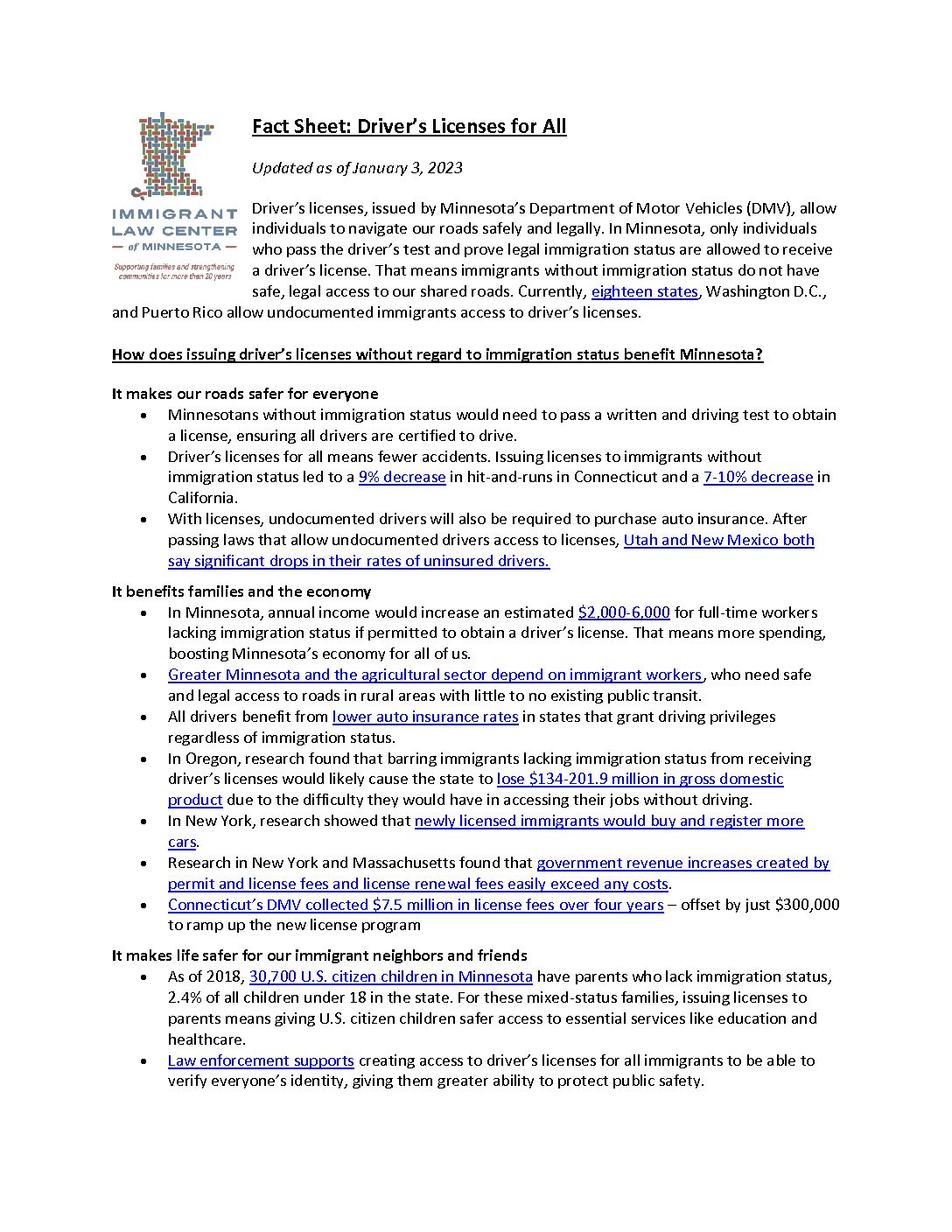 01.2.2023 Driver's Licenses Fact Sheet ILCM - Immigrant Law Center of  Minnesota